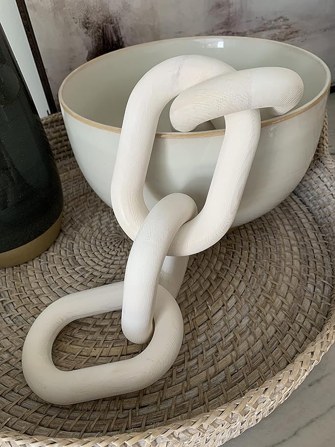 Wood Chain Link Decor - 18.9 Inch Length, 5-Link Boho Decor for Living Room, Farmhouse, Coffee Table (White)