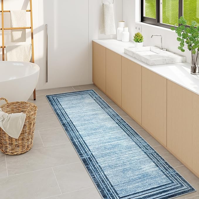 Lahome Abstract Runner Rug,2.5x8 Hallway Runner Rug Non-Slip Washable Blue Kitchen Runner Rugs,Low-Pile Soft Bedroom Runner Minimalist Solid Indoor Carpet Runners for Entryway Bathroom Laundry Room