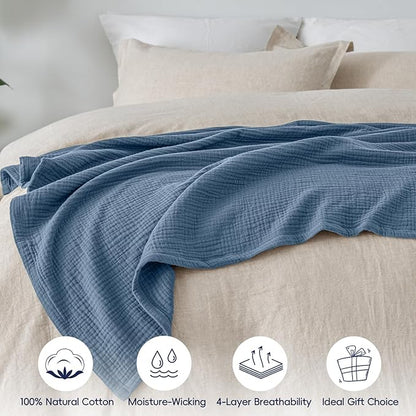 PHF 100% Cotton Muslin Throw Blanket 50" x 60", 4-Layer Lightweight Gauze Throw, Breathable Cloud-Soft Minimalist Blanket for Bed, Couch, Camping & Baby, Denim Blue, Ideal Gift