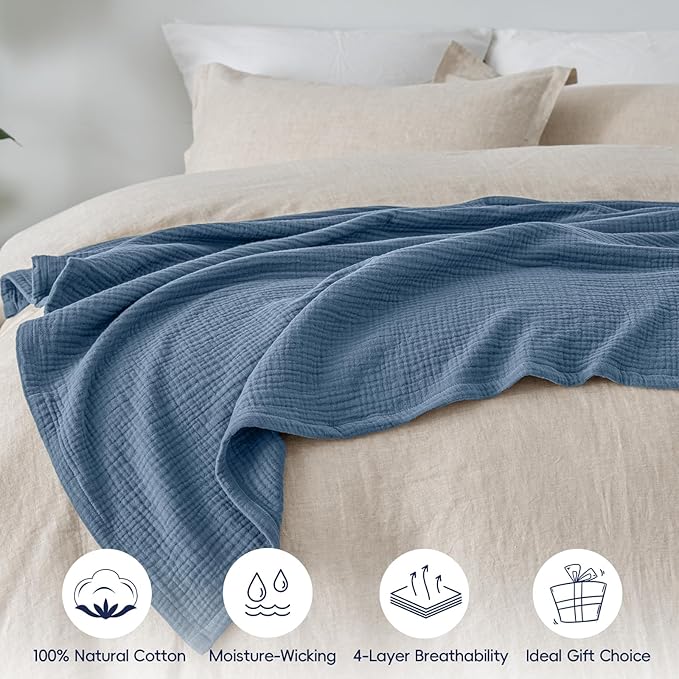 PHF 100% Cotton Muslin Throw XL Blanket Large 50" x 70", 4-Layer Lightweight Gauze Throw, Breathable Cloud-Soft Minimalist Blanket for Bed, Couch, Camping & Baby, Denim Blue, Ideal Gift