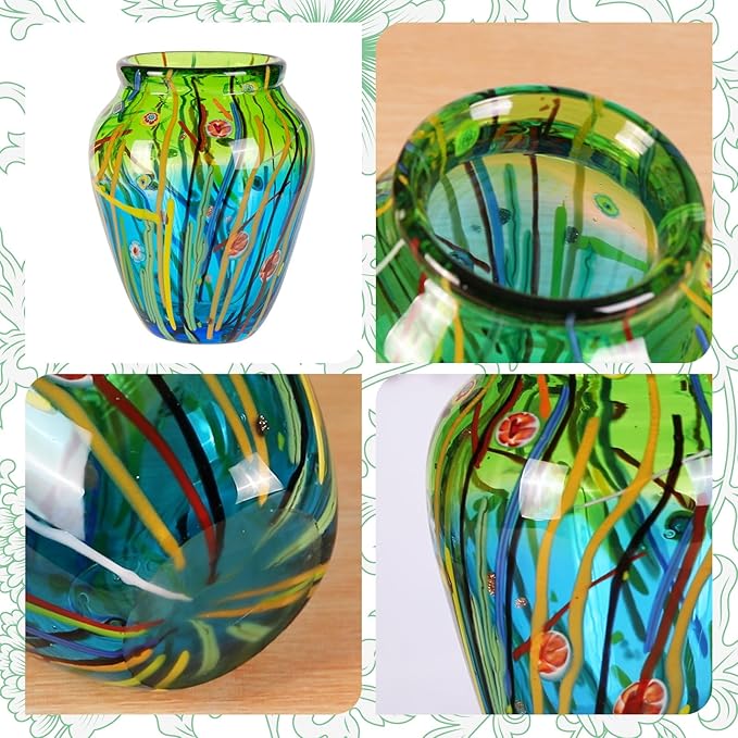 Glass Vases for Flower, Unique Hand Blown Green Glass Vase, Modern Art Decorative for Home Living Room, Office, Table centerpieces, Bookshelves and Wedding Decorations (JG31)