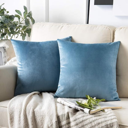 Phantoscope Pack of 2 Velvet Decorative Throw Pillow Covers Soft Solid Square Cushion Case for Couch Blue 26 x 26 inches 65 x 65 cm