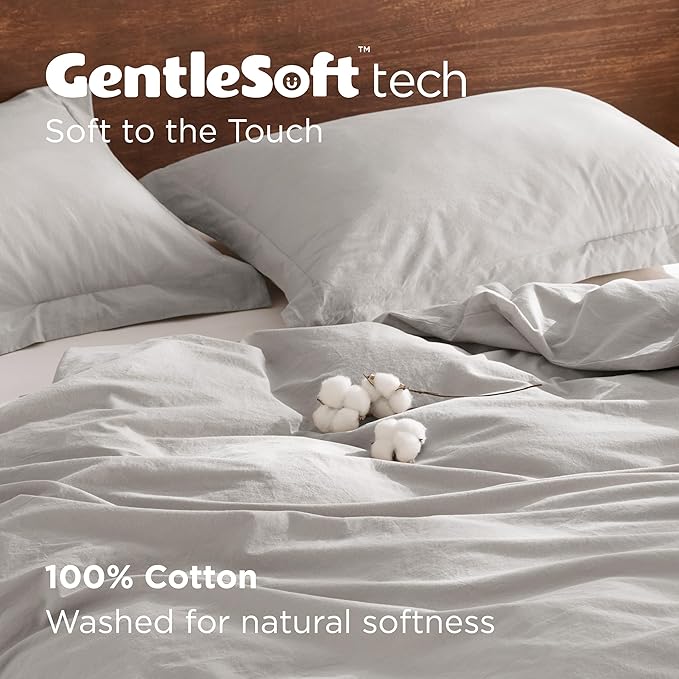 Bedsure 100% Washed Cotton Duvet Cover King - Light Grey Minimalist Cotton Duvet Cover Linen Like for All Seasons - GentleSoft™ Plain Simple Bedding (King, 104"x90")
