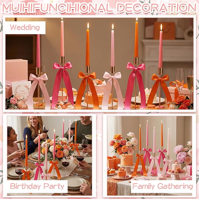6 Set Pink and Orange Sunset Party Decorations, 6 Candle Holders and 6 Ribbon Bow, Metal Brass Gold Candlestick Holders for Table Wedding Bachelorette Birthday Tequila Sunrise Party Supplies
