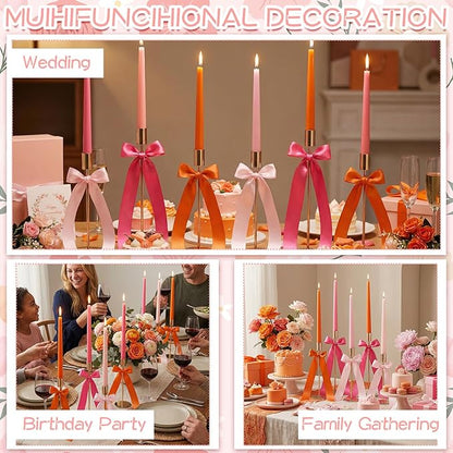 6 Set Pink and Orange Sunset Party Decorations, 6 Candle Holders and 6 Ribbon Bow, Metal Brass Gold Candlestick Holders for Table Wedding Bachelorette Birthday Tequila Sunrise Party Supplies