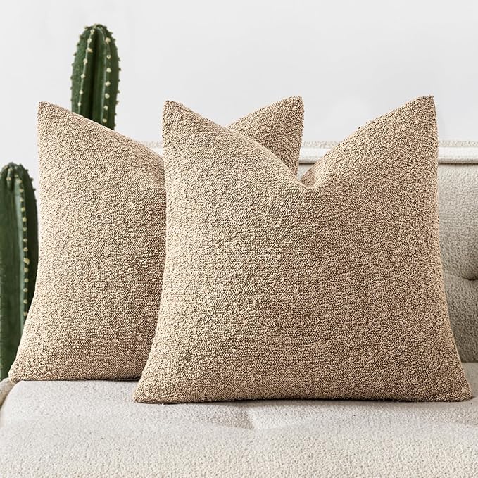 Woaboy Pack of 2 24x24 Inch Decorative Boucle Throw Pillow Covers Textured Square Pillowcaes Accent Euro Solid Cozy Soft Cushion Covers Home Decor for Sofa Couch Living Room Home Decor,Khaki