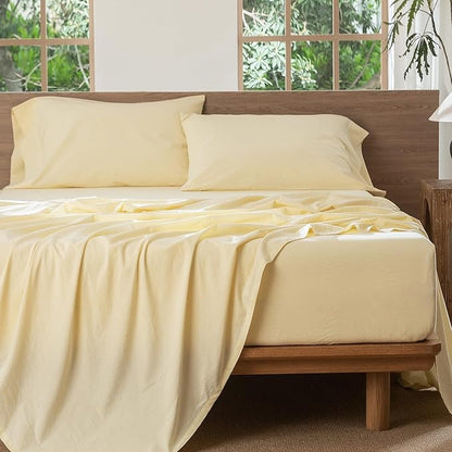 MooMee Bedding Sheet Set 100% Washed Cotton Linen Like Textured Breathable Durable Soft Comfy (Heathered Butter Yellow, Twin)