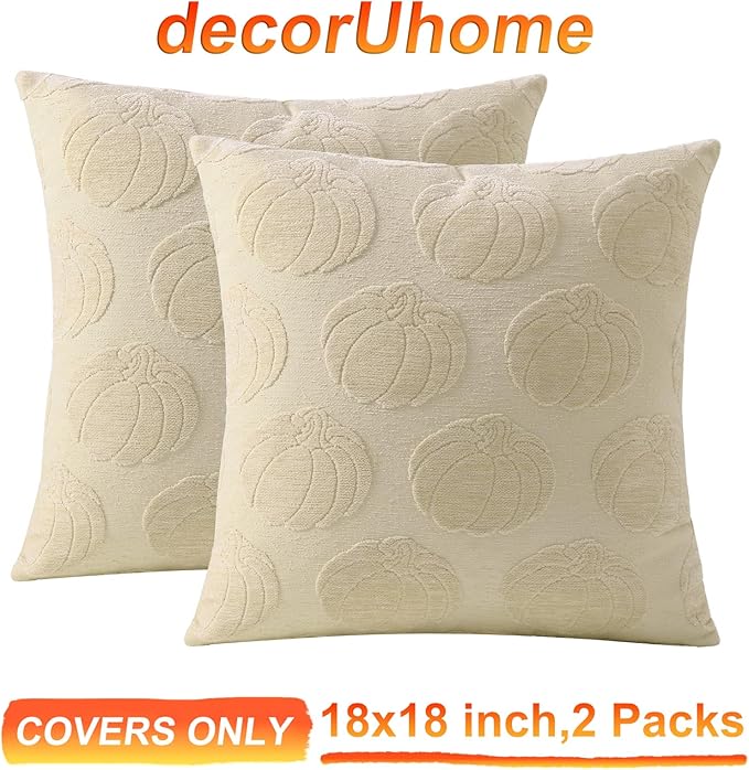 decorUhome Decorative Beige Pumpkin Thanksgiving Throw Pillow Covers 18x18 Set of 2, Soft Chenille Jacquard Farmhouse Textured Pillow Covers for Couch Bed Sofa Autumn Harvest Halloween Holiday