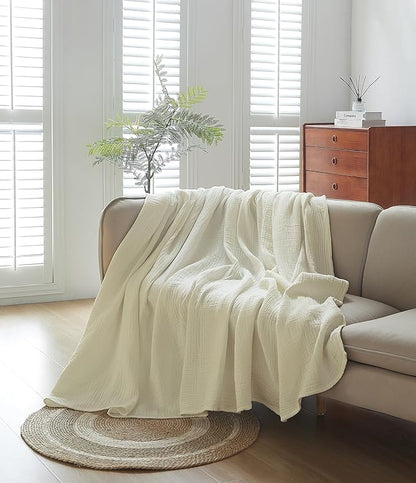 100% Cotton Muslin Throw XL Blanket (50" x 70") – A Luxuriously Soft, 4-Layer Lightweight and Breathable Gauze Blanket, Perfect for Year-Round use on beds, couches (Ivory, Throw XL)