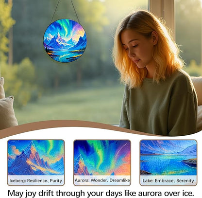 Stained Glass Window Hanging,Winter Aurora Sun Catchers Stained Glass Panels for Indoor Windows Wall Art Decor, Birthday Gift for Mom Women Wife Men Lovers (7.87inch)