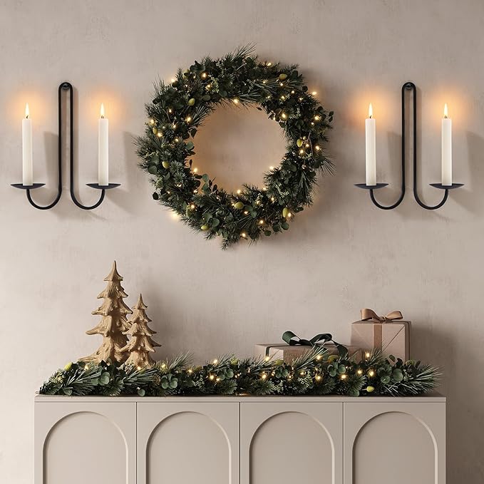 Wall Candle Holder Set of Two, Metal Black Candle Sconces Wall Decor, Hanging Candle Holder Fits Taper Candle/LED Tea Lights, Wedding Housewarming Gifts for Farmhouse Living Room Fireplace