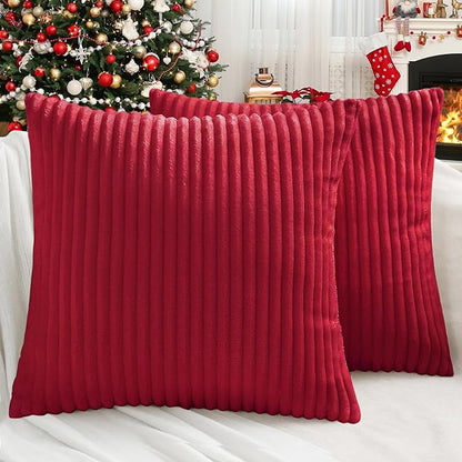 Simmore Decorative Throw Pillow Covers 20x20 Set of 2, Soft Natural Plush Flannel Double-Sided Fluffy Couch Pillow Covers for Sofa Living Room, Red