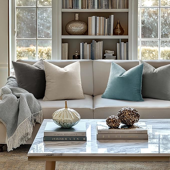 MIULEE Velvet Throw Pillow Covers 14x14 Inch, Pack of 2 - Cream White, Soft Solid Small Decorative Pillow Covers Modern Luxury Home Decor for Spring Couch Sofa Bedroom Livingroom