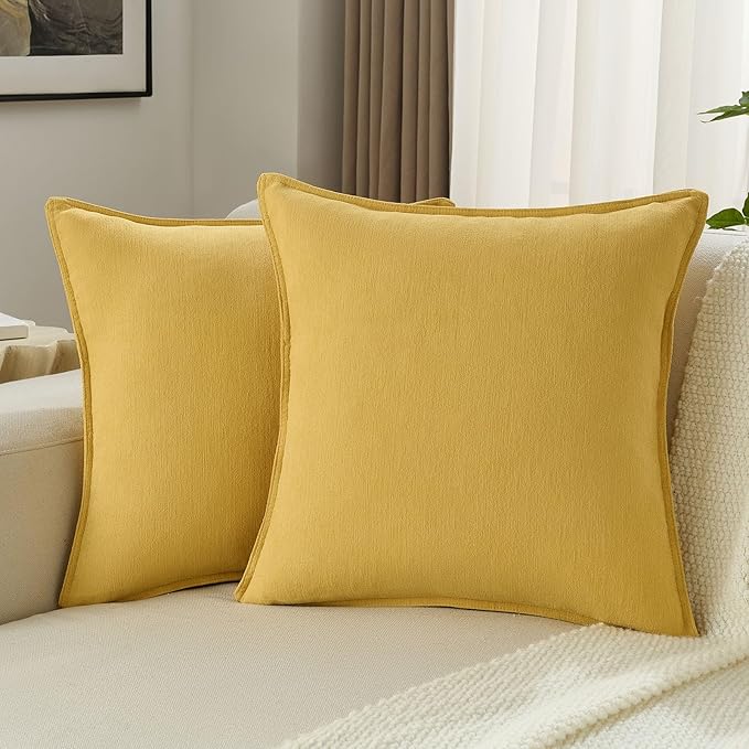 FUTEI Mustard Yellow Chenille Throw Pillow Covers 16x16 Inch Set of 2,Edges Double-Stitched Cushion Cases,Modern Home Decor for Couch Living Room