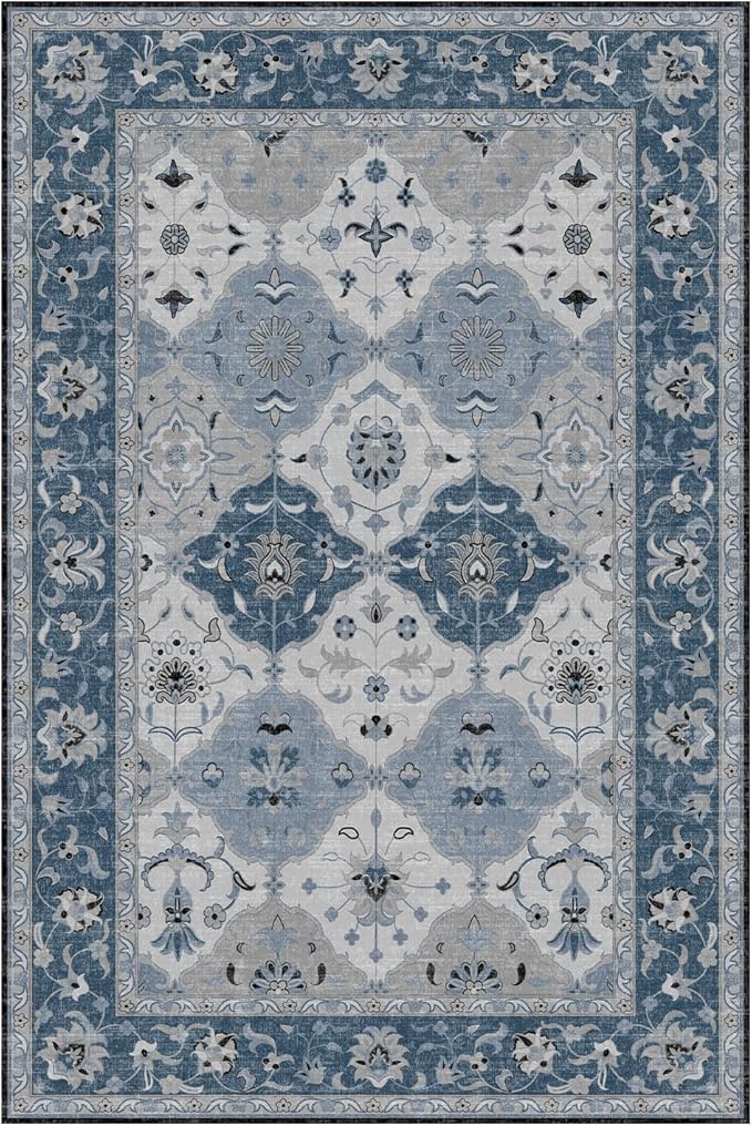 Lessymo Moroccan Washable Rugs for Entryway, Faux Wool 2x3 Small Area Rug for Kitchen Bathroom Corridor - Non-Slip Indoor Door Mat Low Plie Stain Resistant Boho Runner Rug, Muted Blue and Gray