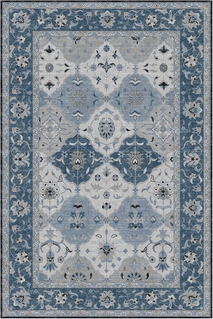 Lessymo Moroccan Washable Rugs for Entryway, Faux Wool 2x3 Small Area Rug for Kitchen Bathroom Corridor - Non-Slip Indoor Door Mat Low Plie Stain Resistant Boho Runner Rug, Muted Blue and Gray