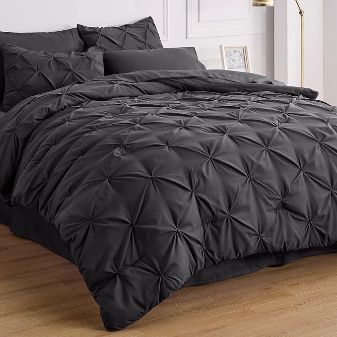 Bedsure Twin Comforter Set Dark Grey - Bed in a Bag Twin Size Bedding 5 Pieces, GentleSoft™ Pintuck Bed Set Gift for Family, Pinch Pleat Dark Grey Comforter with Sheets, Pillowcase & Sham