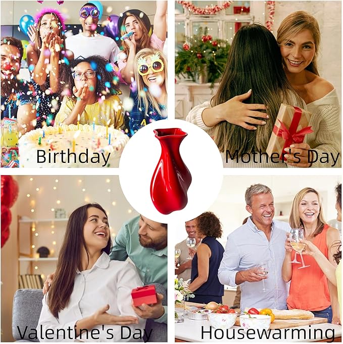 Christmas Red Ceramic Vase for Modern Home Decor - Unique Wavy Shape Decorative Vase for Living Room, Bedroom - Ideal Gift for Women, Valentine's Day, Housewarming (ChifonCyan 7.87 Inches)