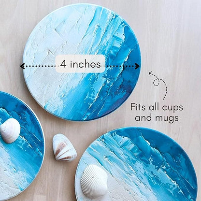 Blue Ceramic Absorbent Coasters Set of 6 with Holder, Marble Drink Coasters for Coffee Table, Water Absorbing Coaster (Waves)
