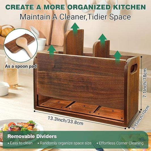 Acacia Wood Utensil Holder Kitchen Utensil Holder with 3 Compartments Cooking Spatula Organizer Large Cutlery Organizer for Kitchen Countertop Farmhouse Kitchen Decor