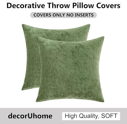 decorUhome Chenille Olive Green Throw Pillow Covers 18x18 Inch Set of 2, Decorative Soft Couch Pillow Covers Solid Dyed Accent Velvet Farmhouse Neutral Square Pillow Cases for Sofa Bed Living Room