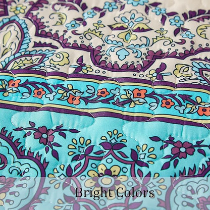 WONGS BEDDING Boho Quilt King Size, Blue Purple Bohemian King Quilt, Lightweight Microfiber Bed Decor Bedspread for All Season 103"x90"(3 Pieces)