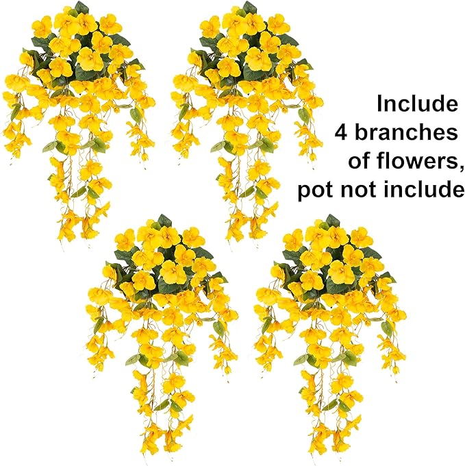 Fake Hibiscus Artificial Hanging Flowers Plants for Outdoors Spring Decoration, 4pcs Silk Hibiscus Vines Realistic UV Resistant Yellow Faux Flowers for Outside Planter Porch Patio Yard Wedding Party