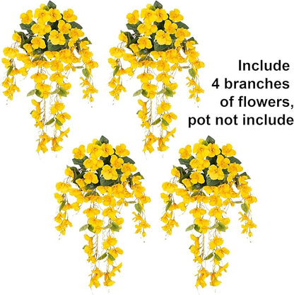 Fake Hibiscus Artificial Hanging Flowers Plants for Outdoors Spring Decoration, 4pcs Silk Hibiscus Vines Realistic UV Resistant Yellow Faux Flowers for Outside Planter Porch Patio Yard Wedding Party