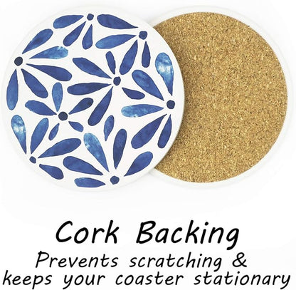 AD Set of 6 Coasters for Drinks Absorbing Round Ceramic Stone Coaster with Cork Base,Tabletop Protection Mat for Mugs and Cups,Office,Kitchen (Indigo Blue)