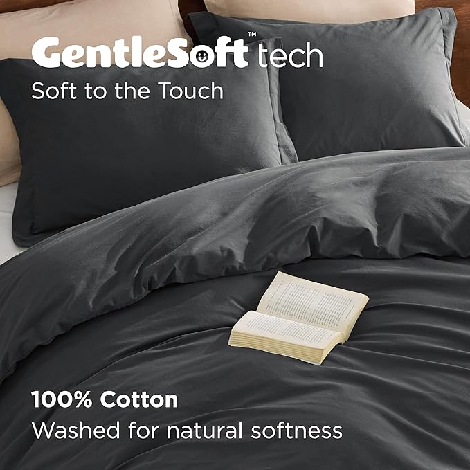 Bedsure 100% Washed Cotton Duvet Cover Oversized King - Charcoal Minimalist Cotton Duvet Cover Linen Like for All Seasons - GentleSoft™ Plain Simple Bedding (Charcoal, Oversized King, 120"x98")