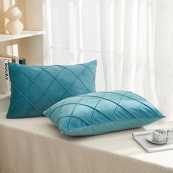 JAUXIO Diamond Pinch Pleated Crystal Velvet Pillowcases 2 Pack Solid Pintuck Throw Cushion Cover for Home Decor Hidden Zipper Closure (Teal Blue, King)