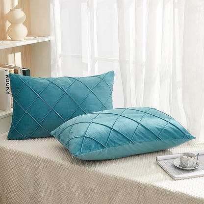 JAUXIO Diamond Pinch Pleated Crystal Velvet Pillowcases 2 Pack Solid Pintuck Throw Cushion Cover for Home Decor Hidden Zipper Closure (Teal Blue, King)