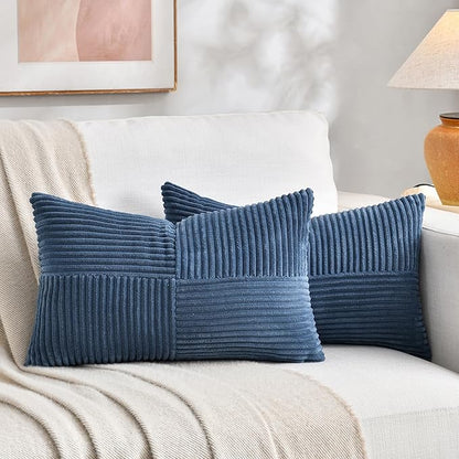 Fancy Homi 2 Packs Dusty Blue Lumbar Decorative Throw Pillow Covers 14x24 Inch for Couch Bed Sofa, Rustic Farmhouse Boho Home Decor, Soft Striped Corduroy Rectangle Accent Cushion Case 35x60 cm