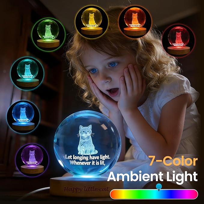Personalized 3D Photo Crystal Ball Night Light – Custom Engraved Picture Lamp with Wood Base for Couples, Family & Pets – Ideal for Anniversary or Birthday