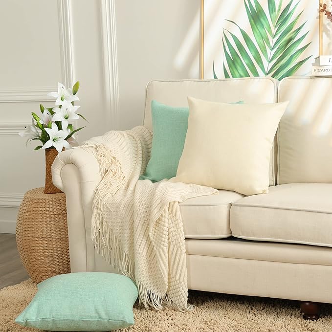 Stellhome Burlap Throw Pillow Covers Solid Farmhouse Linen Pillowcase for Bed Couch Sofa Bench, Set of 2, 24 x 24 inch (60 x 60 cm), Cream