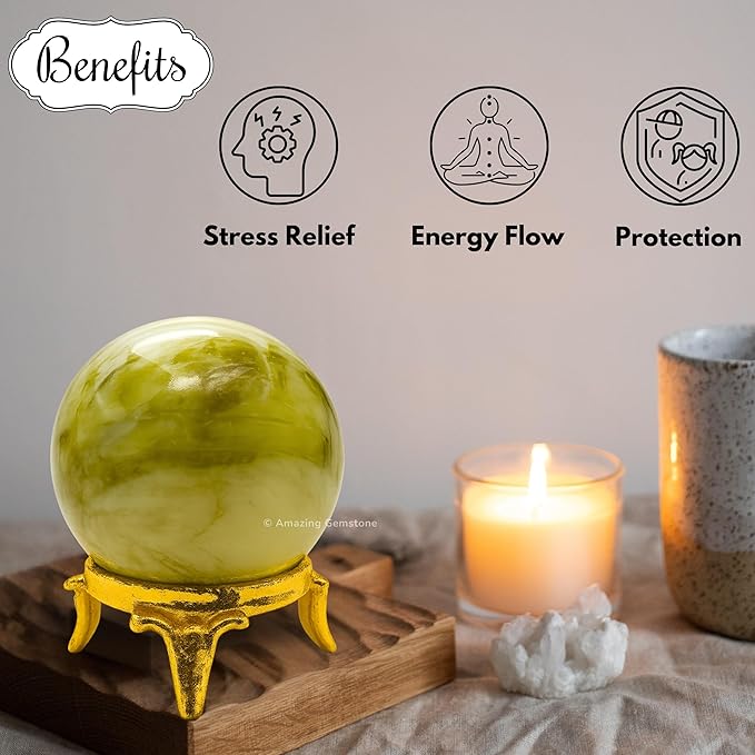 Amazing Gemstone Serpentine Crystal Ball with Stand - 1.5 Inches Crystal Sphere Meditation Balls for Witchcraft and Decorative Balls