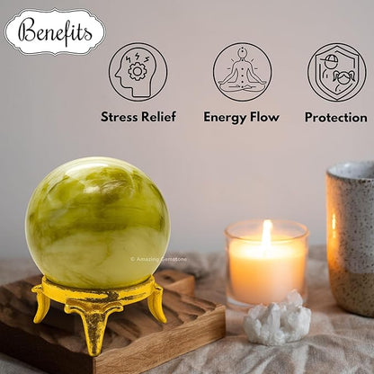 Amazing Gemstone Serpentine Crystal Ball with Stand - 1.5 Inches Crystal Sphere Meditation Balls for Witchcraft and Decorative Balls
