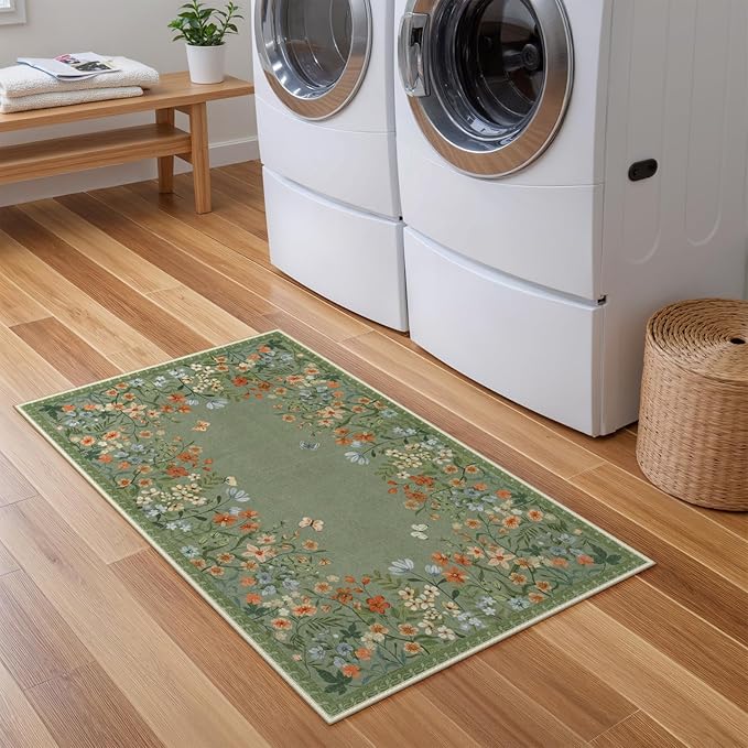 Lahome Boho Floral 2x3 Kitchen Rugs Green Door Mat Indoor Entrance,Machine Washable Small Bathroom Area Rug,Soft Non-Slip Indoor Carpet Throw Rugs for Entryway Laundry Bedside(Green,2x3)