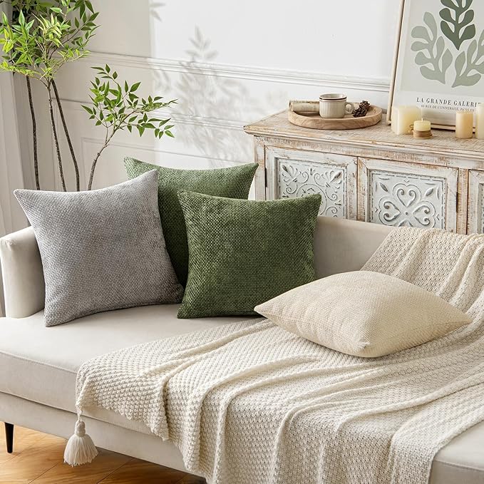 MIULEE Pack of 2 Couch Throw Pillow Covers 18x18 Inch Olive Green Modern Boho Accent Decorative Pillow Covers Soft Chenille Farmhouse Cushion Covers for Home Decor Bed Sofa Living Room
