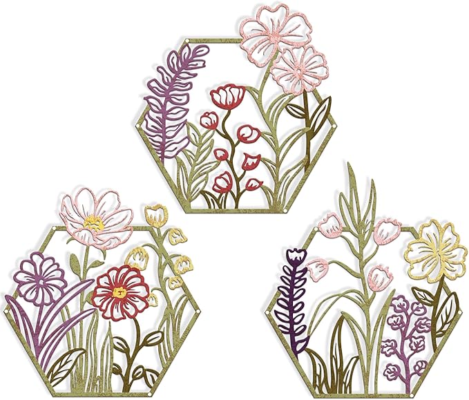 3 Piece Metal Flower Wall Art for Bedroom Living Room Rustic Farmhouse Floral Wall Decor for Bathroom Dining Room Boho Home Decorations Modern Minimalism Hanging Sculptures Polygon
