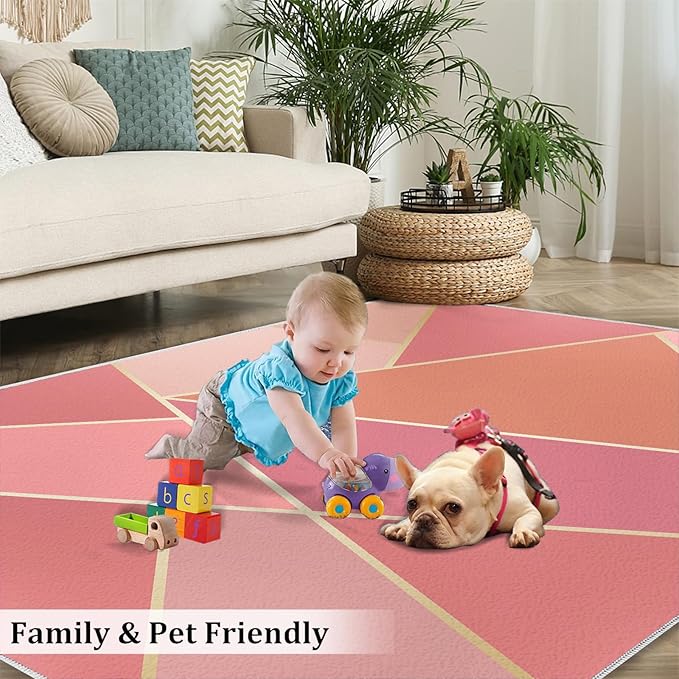 Pink Magenta Orange Irregular Geometric Area Rug, Nordic Simple Gradient Stitchin Print Large Rugs, Machine Washable Breathable Durable Carpet for Front Entrance Floor Living Room Decor,5 x 7ft