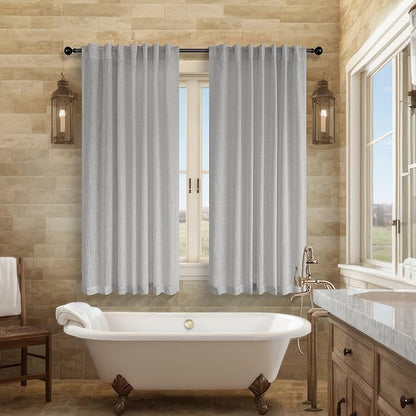 Light Grey Curtains 45 Inch Length for Kitchen Door 2 Panels Sets Rod Pocket Back Tab Loops Flax Linen Semi Transparent Opaque Short Gray Curtains for Bathroom Small Window Bedroom Contemporary Decor