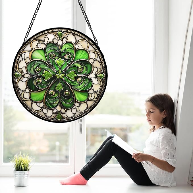 DASTOLL Stained Glass Window Hanging St. Ripak Festival Green Lucky Clover 9.8" - Suncatcher Door Garden Sun Catcher Ireland Decor Mother's Day for Mom Woman Her Men Sisters