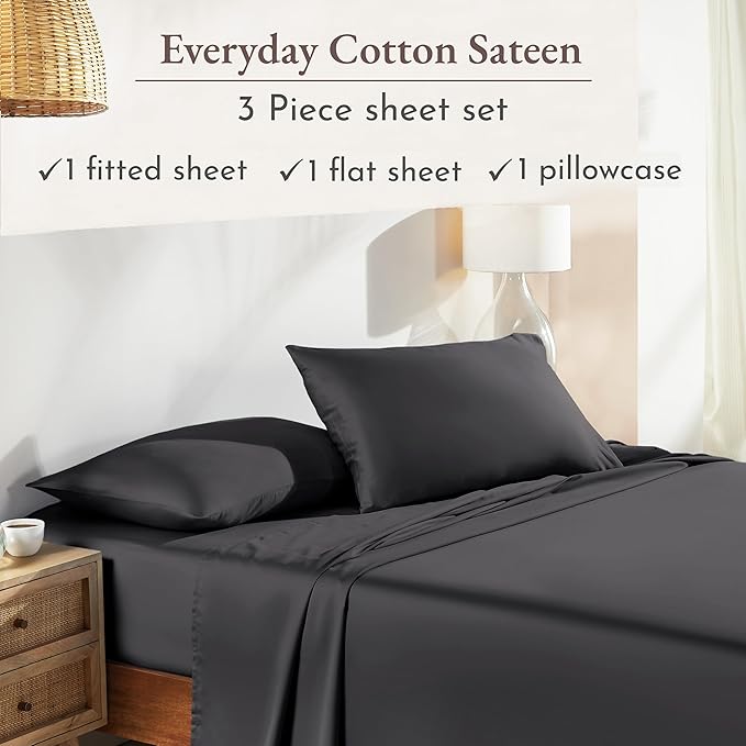 California Design Den Natural 100% Cotton Sheets Twin XL Size Set - Soft Sateen, Twin XL Sheets with Deep Pockets, Durable Bedding Set for Dorm Rooms, College Dark Grey (Black Tone)