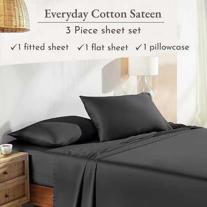 California Design Den Twin Sheets Set - Natural 100% Cotton Sheets with Deep Pockets, Soft Sateen, Breathable and Durable Bedding Set for Dorm Rooms, College Dark Grey (Black Tone)