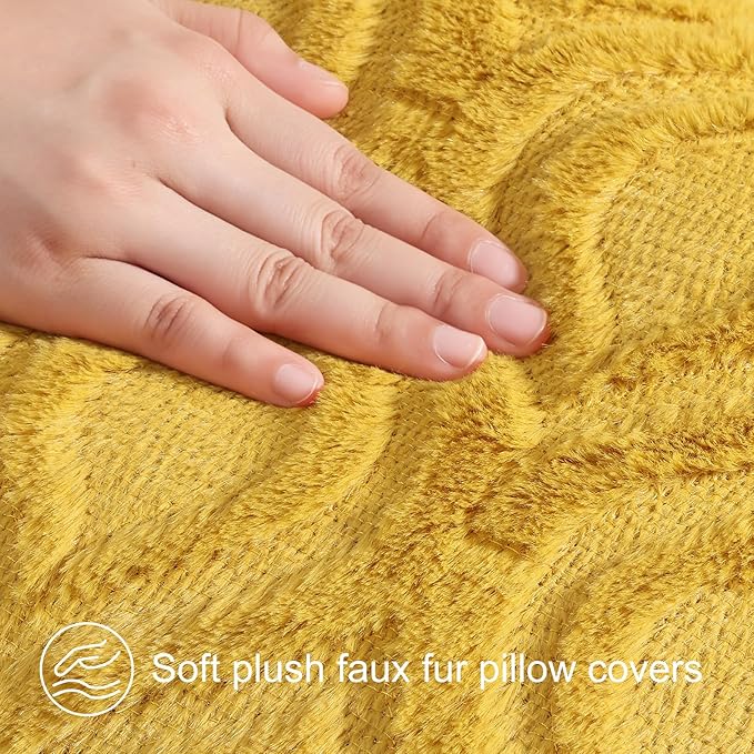 decorUhome Spring Throw Pillow Covers 18x18 Inch Set of 2, Soft Plush Faux Wool Mustard Yellow Solid Couch Pillow Covers, Accent Farmhouse Neutral Square Pillow Cases for Sofa Bed Living Room