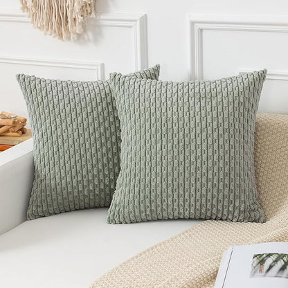 Kevin Textile Throw Pillow Covers Soft Corduroy Decorative Set of 2 Boho Striped Pillow Covers Pillowcases Farmhouse Home Decor for Couch Bed Sofa Living Room 20x20 Inch Greyish Green