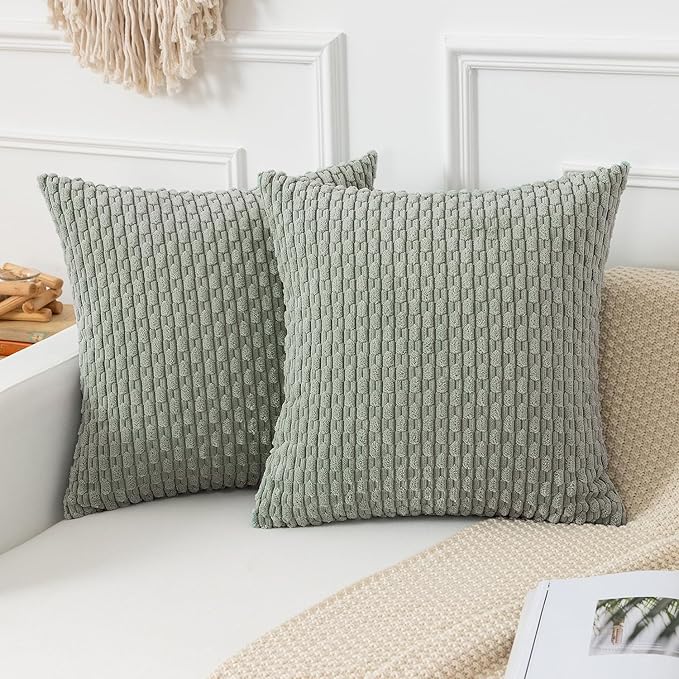 Kevin Textile Throw Pillow Covers Soft Corduroy Decorative Set of 2 Boho Striped Pillow Covers Pillowcases Farmhouse Home Decor for Couch Bed Sofa Living Room 16x16 Inch Greyish Green