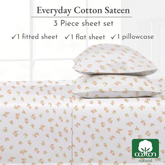 California Design Den Floral Sheet Set Twin XL, 100% Cotton Sheets, Deep Pocket Twin XL Sheets & Pillowcase Set, Soft Sateen Weave - Chic Floral