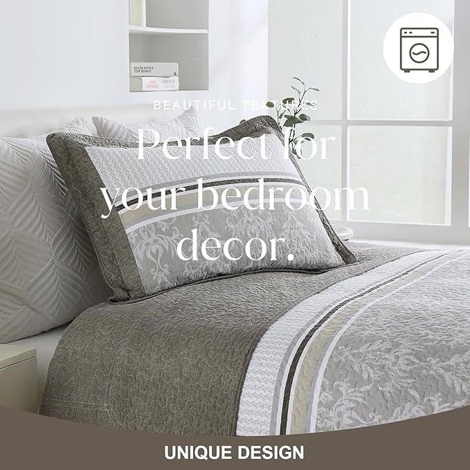 Oversized King Bedspread Quilt 120" x 120", 100% Cotton Lightweight Bed Spreads Coverlet Set Farmhouse Bedding Cover, 3 Piece, Brown/Gray/Beige